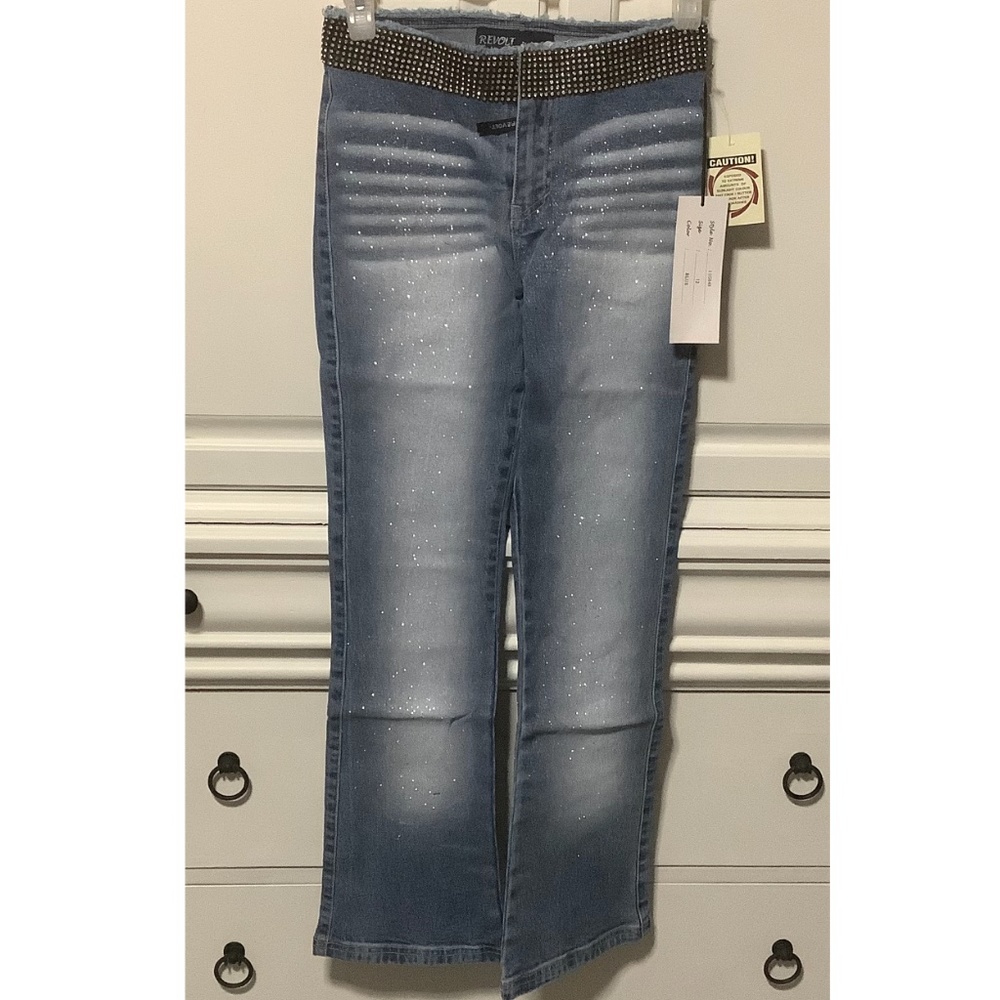 Girls Size 12 glitter distressed flare jeans NWT Revolt Jean co, bling waist